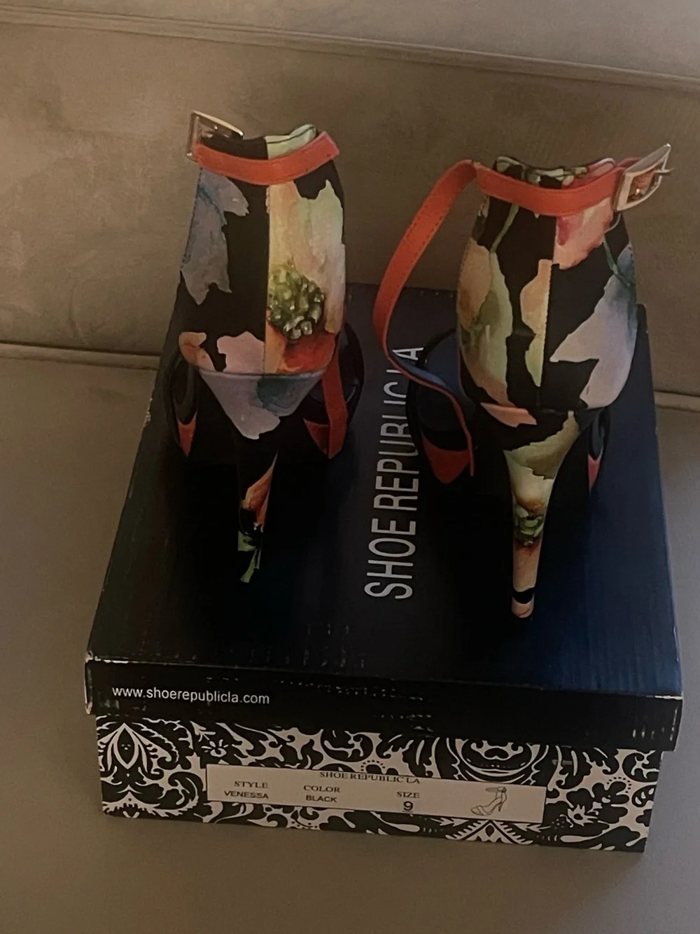 Floral Black and Orange Women's Strappy High Heels